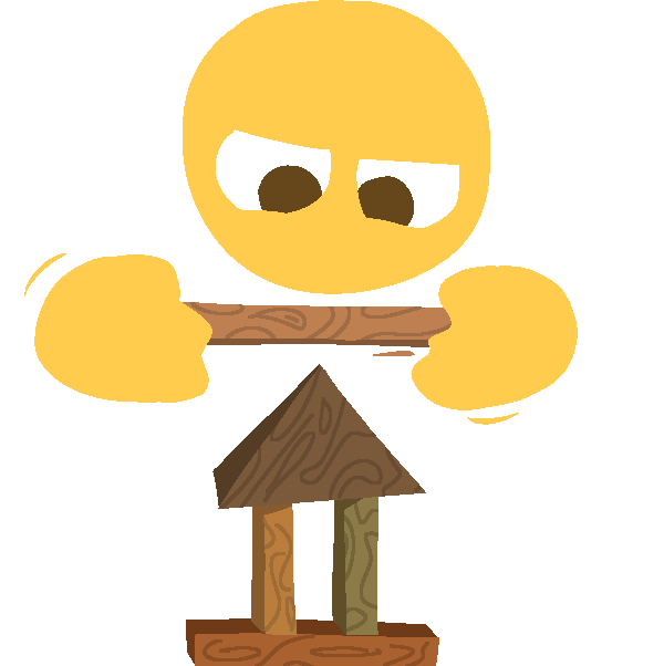 an emoji-yellow person with a focused expression carefully balancing a long brown wooden block onto a structure of wooden block toys in various shades of brown, with a slight wood grain texture